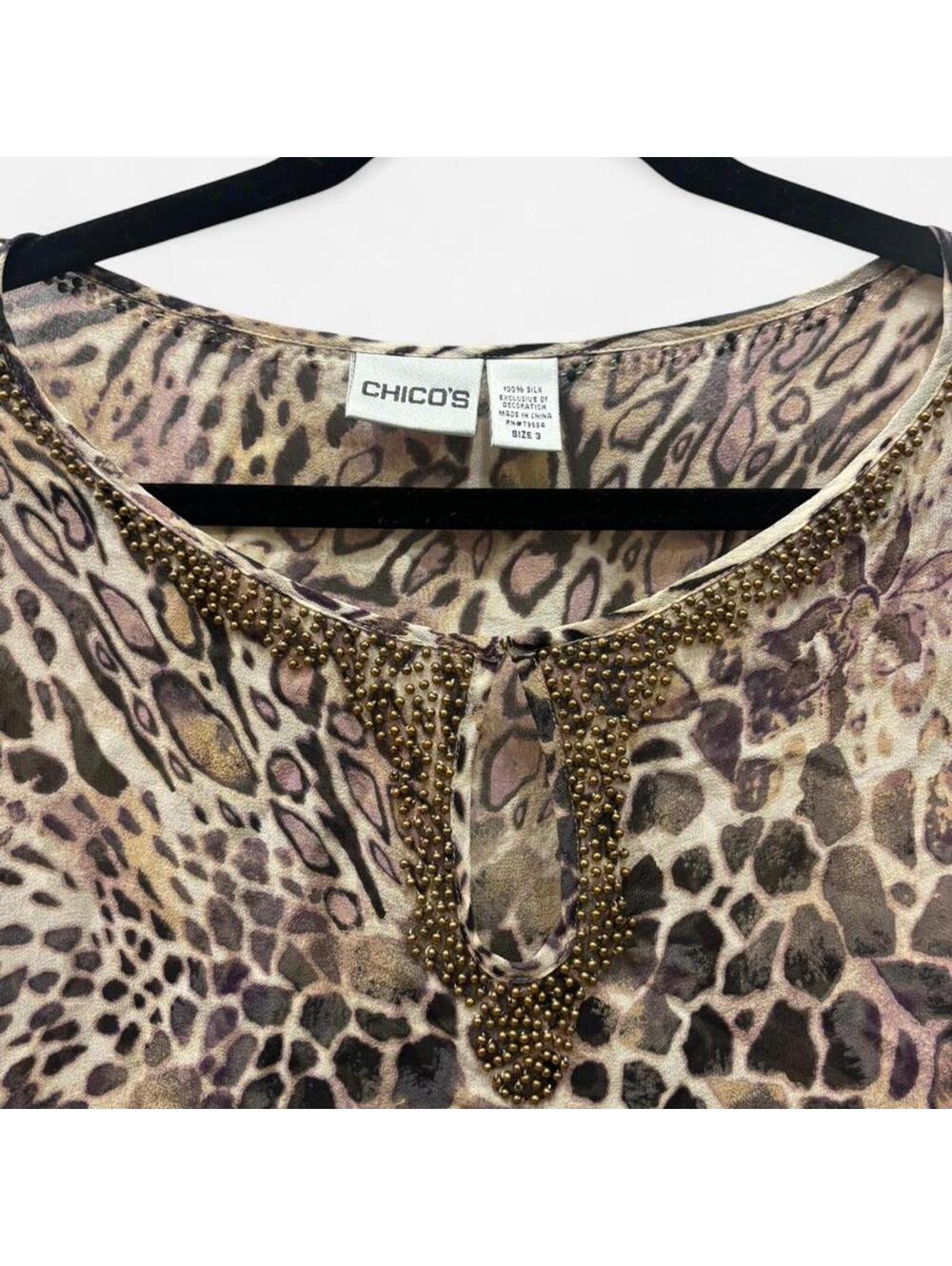 Chico's 100% Silk Animal Print Blouse Top with Beaded Neckline. - Picture 2 of 6